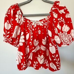 Haute Hippie Red Floral Linen Blend Puff-Sleeve Crop Top Size S